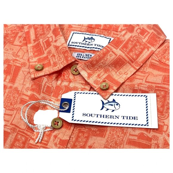 Southern Tide Men’s Medium Happy Hour Nautical Orange Short Sleeve Button Shirt - Picture 4 of 5